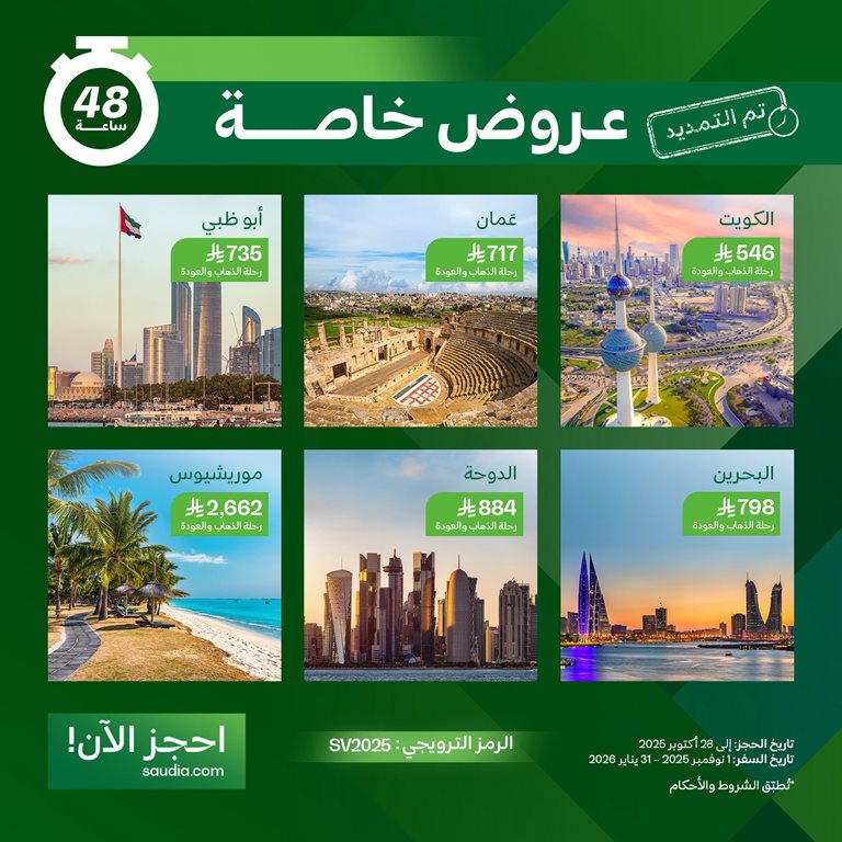 عروض الخطوط السعودية للرحلات الدولية اليوم